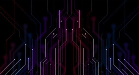 Abstract neon blue purple tech circuit board lines sci-fi design. Futuristic computer chip background. Vector illustration