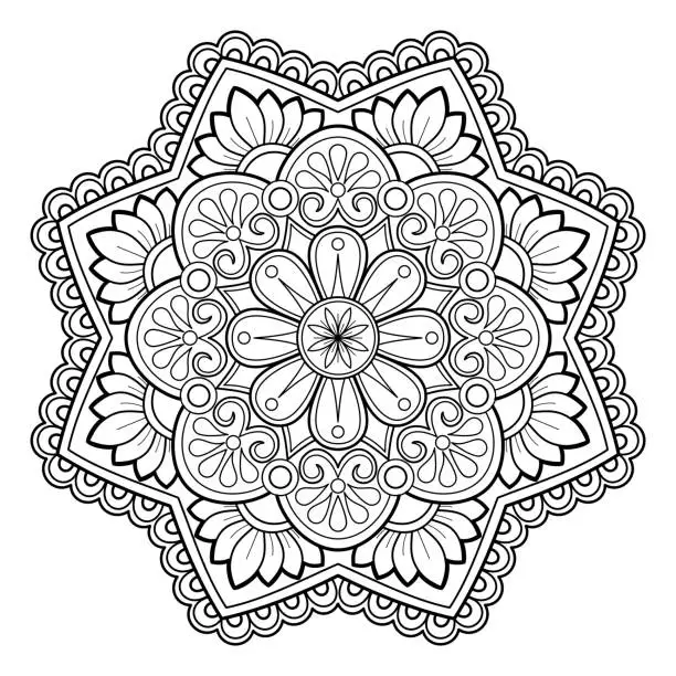 Vector illustration of Mandala coloring book. Art on the wall. Design for a wallpaper Paint shirt and a tile A greetings card Sticker Design yoga Lace pattern The tattoo. In vector format, an ethnic oriental circle ornament