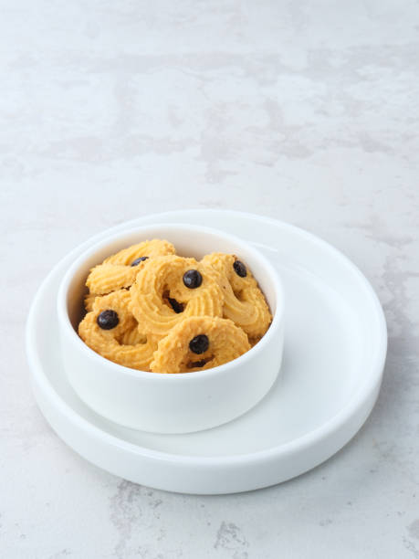 Vanilla Chips Cookies, served on white plate, copy space.