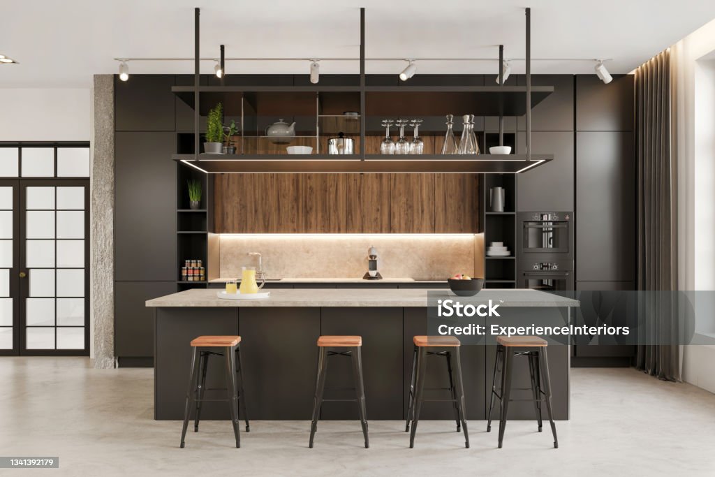 Modern office space kitchen interior Modern office space kitchen interior. itchen counter, kitchen cabinet, shelf, bar stools, LED light, white ceiling and decoration. Template for copy space. Render. Kitchen Stock Photo