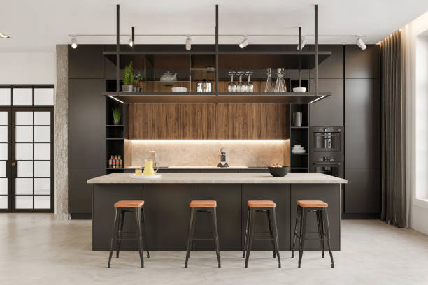 Modern office space kitchen interior Modern office space kitchen interior. itchen counter, kitchen cabinet, shelf, bar stools, LED light, white ceiling and decoration. Template for copy space. Render. kitchen island stock pictures, royalty-free photos & images