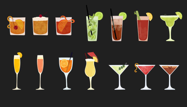 illustrazioni stock, clip art, cartoni animati e icone di tendenza di set di illustrazioni vettoriali disegnate a mano di bevande alcoliche popolari. vari cocktail. isolato su sfondo bianco - cocktail