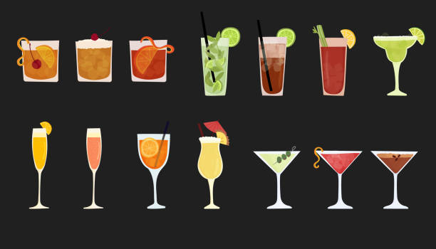 ilustrações, clipart, desenhos animados e ícones de conjunto de ilustração vetorial desenhada à mão de bebidas alcoólicas populares. vários coquetéis. isolado no fundo branco - cocktail tropical