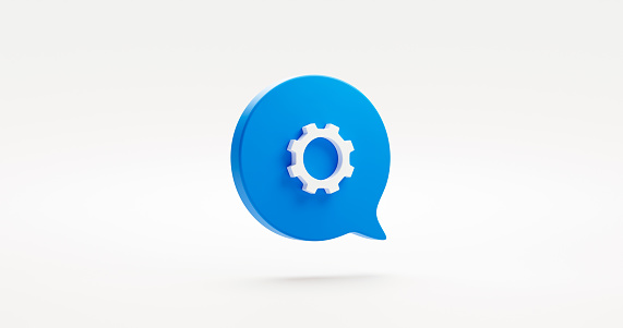 Blue gear setting icon symbol or technology industry machine cog option sign and illustration design graphic element speech bubble isolated on white background with engineering cogwheel. 3D rendering.