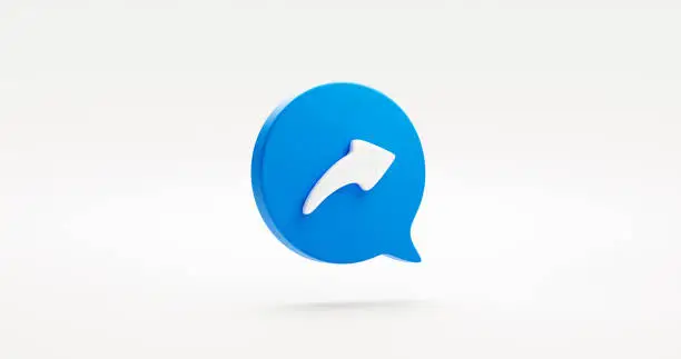 Photo of Blue reply icon symbol bubble button or forward share arrow sign and send mail flat design graphic element isolated on white background with undo chat message ui mobile interface. 3D rendering.