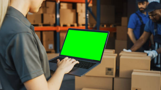 manager femminile che utilizza il laptop chroma key a schermo verde. in background warehouse retail center con scatole di cartone, ordini online di e-commerce, cibo, medicine, fornitura di prodotti. sopra la spalla - hardware store warehouse food warehouse shelf foto e immagini stock