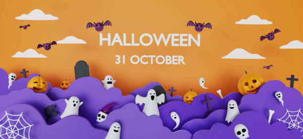 istock Happy Halloween banner or party invitation background with clouds, bats, skull, bone, spiders web and pumpkins in paper cut style. 3d rendering. Copy space for text. Website spooky or banner template. 1341394874
