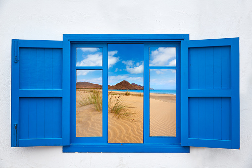 Almeria view from window of Cabo de Gata beach photo mount