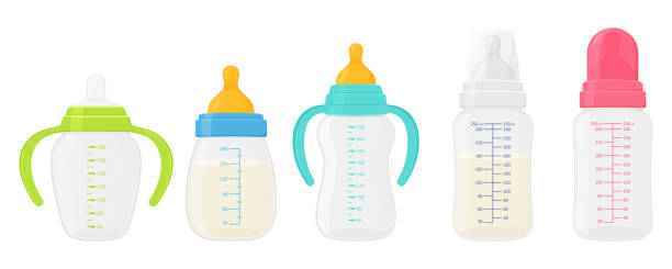 Baby milk bottle set, isolated on white background. Colorful bottles for feeding a newborn baby differents shape with pacifier nipples, color plastic handles and measurement scale volume. Baby milk bottle set, isolated on white background. Colorful bottles for feeding a newborn baby differents shape with pacifier nipples, color plastic handles and measurement scale volume. nipple stock illustrations