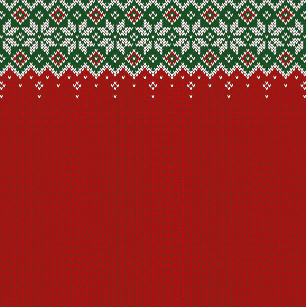 Christmas sweater background with copyspace. Vector knitted  pattern. Knitted background with copyspace. Red, green and white sweater pattern for Christmas, New Year or winter design. Traditional scandinavian border ornament and place for text. Vector illustration. christmas sweater stock illustrations