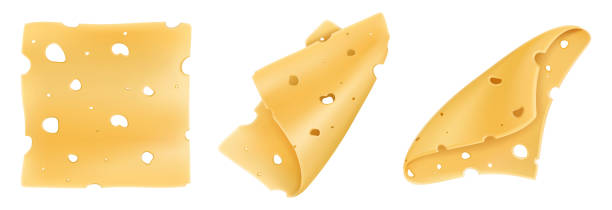 Cheese slices isolated on a white background. Pieces of hard cheese with holes. Realistic 3D vector illustration. Cheese slices isolated on a white background. Pieces of hard cheese with holes. Realistic 3D vector illustration. swiss cheese slice stock illustrations