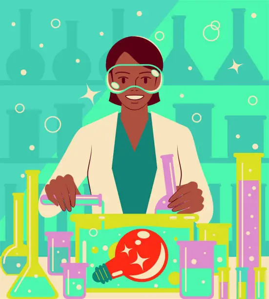 Vector illustration of A smiling young female scientist or chemist is doing a scientific experiment and pouring liquid into a bottle with a big idea light bulb