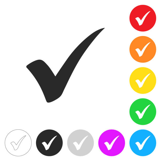 Check mark. Flat icons on buttons in different colors Icon of "Check mark" isolated on white background. Includes 9 buttons with a flat design style for your design, in different colors (red, orange, yellow, green, blue, purple, gray, black, white, line art), each icon is separated on its own layer. Vector Illustration (EPS10, well layered and grouped). Easy to edit, manipulate, resize or colorize. Vector and Jpeg file of different sizes. pink promise stock illustrations