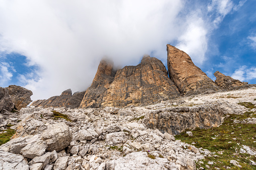 Drei Zinnen or Tre Cime di Lavaredo (three peaks of Lavaredo), south face, famous mountain peaks of the Dolomites, Sesto Dolomites (Dolomiti di Sesto), UNESCO world heritage site, Trentino-Alto Adige and Veneto, Italy, Europe.