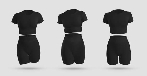 istock Mockup of black crop top, cycling shorts, compression suit 3D rendering, isolated on background. 1341400608