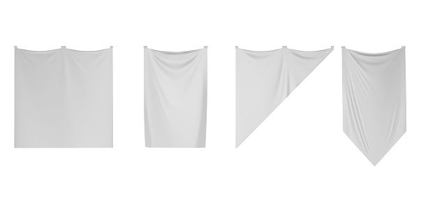 White pennant flags, mockup medieval hanging textile pennons different shapes for sport teams. Realistic set blank vertical isolated banners of silk fabric or stretch material, 3d render.