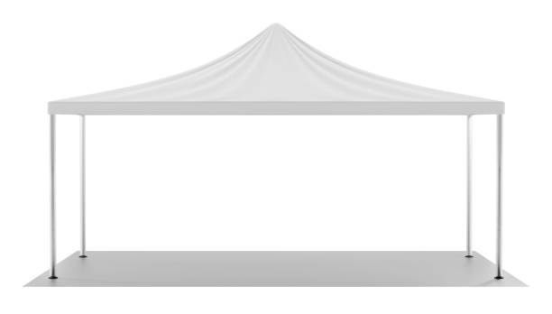 istock White folding tent, big rectangular awning with floor covering for trade or exhibition outdoor. Realistic 3d mockup of blank marquee for festival or party event in garden, isolated on white background 1341400908