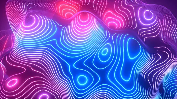 Photo of Topographic Map Background, Glowing Neon Lines,