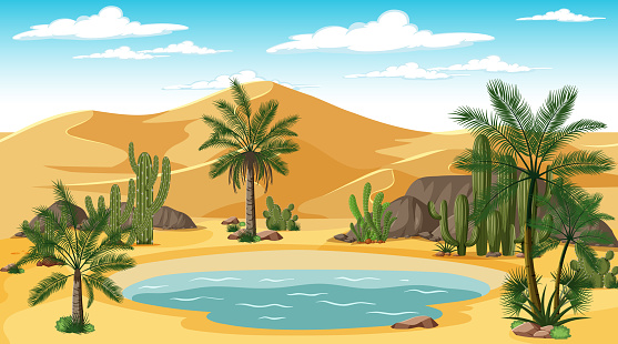 Desert forest landscape at day time scene with oasis illustration