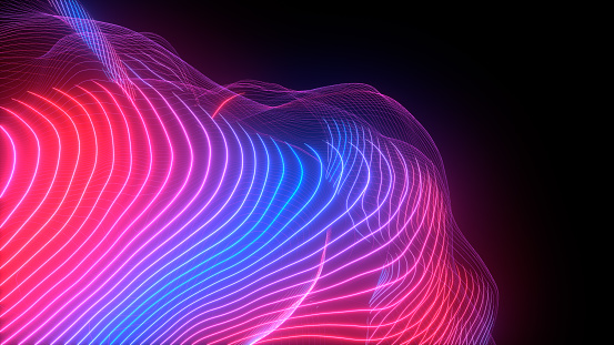 Topographic Map Background, Glowing Neon Lines. Blue, Purple, Pink Colors. 3d render.