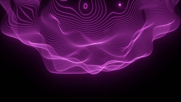 Topographic Map Background, Glowing Neon Lines, Topographic Map Background, Glowing Neon Lines. Blue, Purple, Pink Colors. 3d render. topology stock pictures, royalty-free photos & images