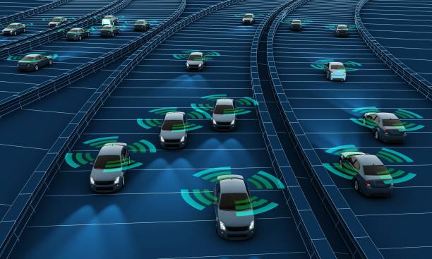 auto autonome su strada con connessione visibile, rendering 3d - auto senza conducente foto e immagini stock
