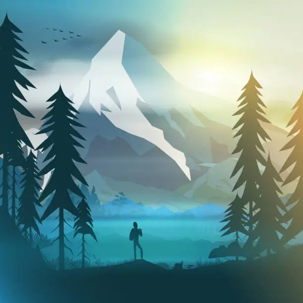 Vector illustration of Hiker in forest at sunrise