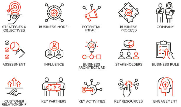 vector set of linear icons related to business processes, interaction, partnership and management. mono line pictograms and infographics design elements - sosyal rol stock illustrations