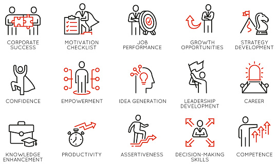 Vector Set of Linear Icons Related to Coaching, Skills, Career Development, Striving for Self-Realization and Leadership Development. Mono Line Pictograms and Infographics Design Elements