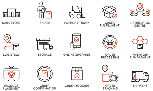 vektorsatz von linearen symbolen im zusammenhang mit der verfolgung von bestellung, versand und express-lieferprozess. mono-linien-piktogramme und infografiken designelemente - teil 2 - byproduct stock-grafiken, -clipart, -cartoons und -symbole