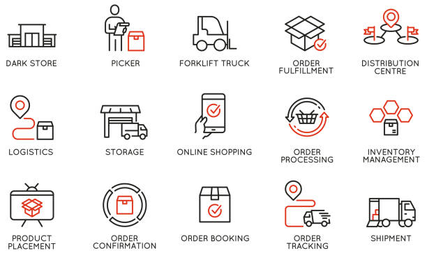 vector set of linear icons related to tracking order, shipping and express delivery process. mono line pictograms and infographics design elements - part 2 - warehouse stock illustrations