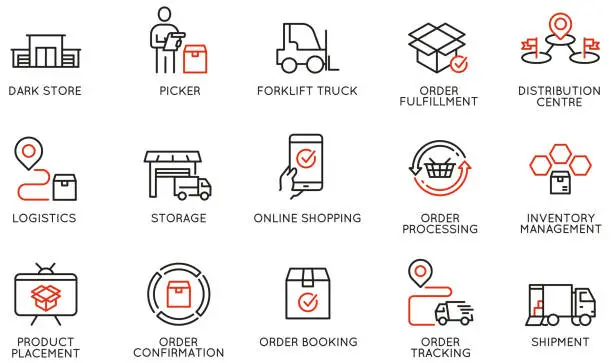 Vector illustration of Vector Set of Linear Icons Related to Tracking Order, Shipping and Express Delivery Process. Mono line pictograms and infographics design elements - part 2