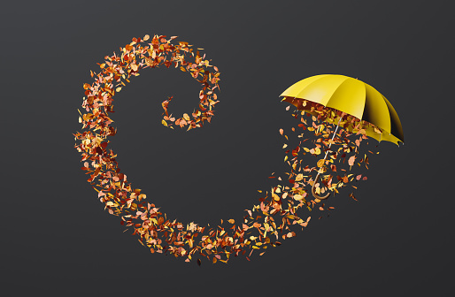 yellow umbrella flying with a row of autumn leaves forming a spiral on black background. 3d rendering