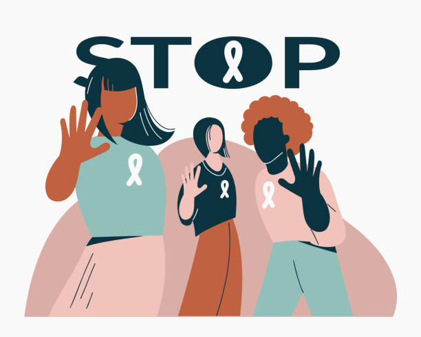 ilustrações de stock, clip art, desenhos animados e ícones de gender violence concept women show stop gesture or sign protest against racial or gender discrimination. international day for elimination of violence against women. flat vector illustration, poster - crime