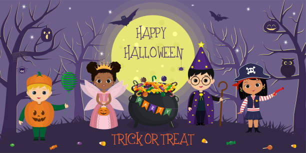 ilustrações, clipart, desenhos animados e ícones de feliz dia das bruxas. personagens infantis de halloween em diferentes fantasias no fundo da lua cheia e árvores à noite. desenho animado, vetor. - halloween candy candy corn backgrounds