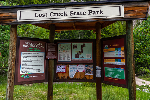 Anaconda, MT, USA - July 4, 2020: A welcoming signboard at the entry point of the preserve park