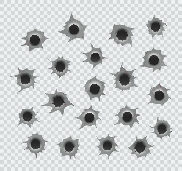 ilustrações de stock, clip art, desenhos animados e ícones de set of bullet holes. different damaged element from bullet on metallic surface. - bullet hole illustrations