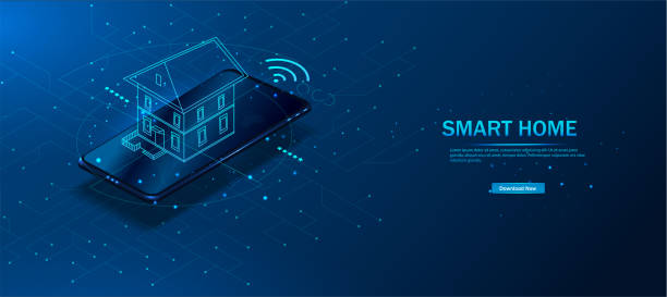 Smart home is a controlled smartphone. The technology of the home automation system. The house standing on the mobile phone screen. Smart home is a controlled smartphone. The technology of the home automation system. The house standing on the mobile phone screen. home automation stock illustrations