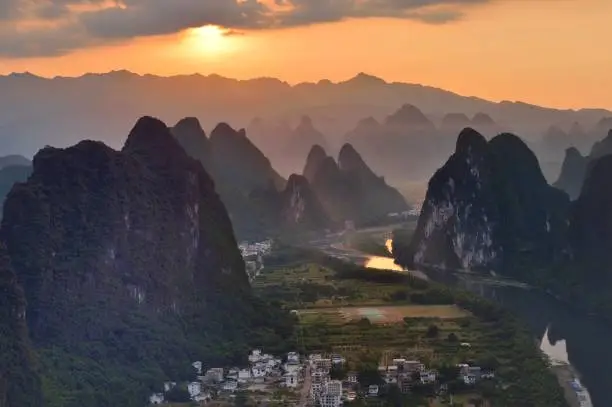 Photo of The Li river and  hills sunrise-dawn