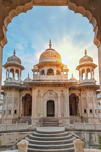 Amazing view of memorial grounds to Maharaja Sawai Mansingh II and family constructed of marble. Gatore Ki Chhatriyan, Jaipur, Rajasthan, India.