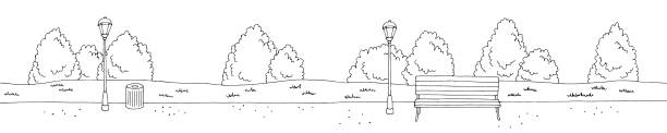 illustrations, cliparts, dessins animés et icônes de graphique de parc noir blanc paysage croquis vecteur d’illustration - bench park park bench silhouette