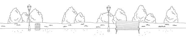 박 그래픽 블랙 화이트 가로 스케치 일러스트 벡터 - scenics pedestrian walkway footpath bench stock illustrations
