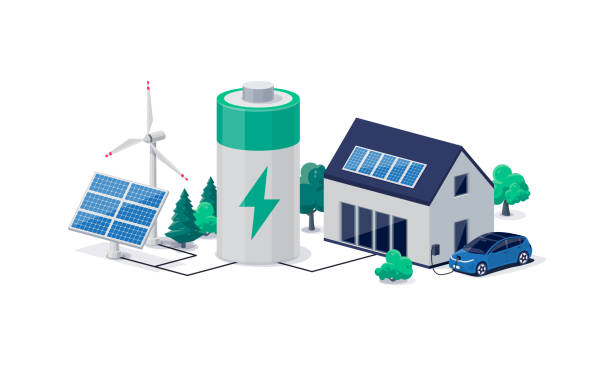 Home virtual battery energy storage with solar panels and electric car charging Home virtual battery energy storage with house photovoltaic solar panels plant, wind and rechargeable li-ion electricity backup. Electric car charging on renewable smart power island off-grid system. lithium ion battery stock illustrations