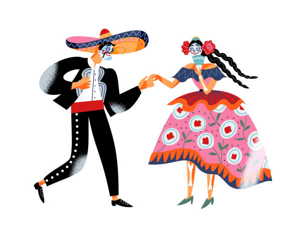 Mexican skeleton couple dancing at traditional holiday Day of the dead vector flat illustration Mexican skeleton couple dancing at traditional holiday Day of the dead vector flat illustration. Dia de los muertos or Halloween festive party isolated. Hand drawn carnival costume flower ornament mexico people stock illustrations