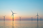 Wind turbines in an offshore wind park producing electricity during sunset.