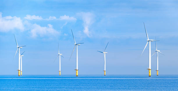 Offshore windfarm in the UK Offshore windfarm at Redcar in the northeast of England. cleveland england stock pictures, royalty-free photos & images
