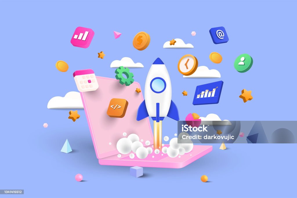 Startup concept 3d Startup concept, Software and web development with 3d shapes, bar chart, infographic on blue background. 3d Vector Illustration Three Dimensional stock vector
