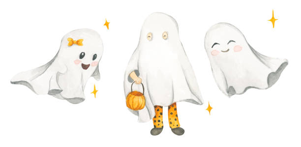 Watercolor set with cute ghosts. Kid in sheet costume. Halloween costumes. Watercolor set with cute ghosts. Kid in sheet costume. Halloween costumes. Autumn holiday. Trick or treat. watercolor lantern set stock illustrations