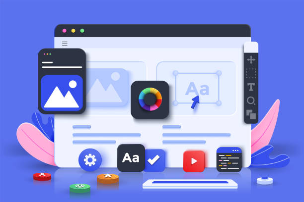 ilustraciones, imágenes clip art, dibujos animados e iconos de stock de diseño web ui-ux, concepto 3d de desarrollo web - webdesign