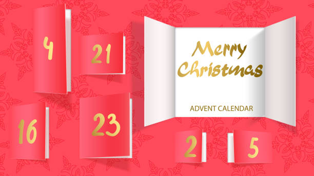 Christmas advent calendar door opening Christmas advent calendar door opening. Realistic an open wide doors on light red background. Template to reveal a message. Merry Christmas poster concept. Festive vector illustration advent stock illustrations
